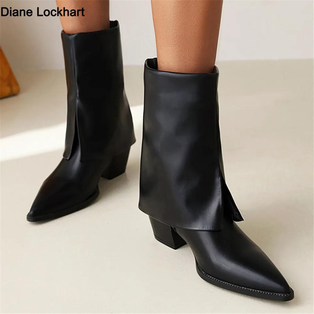 Fashion Women Fold Knee High Boots Luxury Brand Designer High Heels Boot Chunky Heel Pointed Toe Chic Shoes Winter Fashion Soft Warm 41
