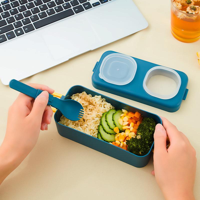 1pc Student Portable Divided Square Lunch Box With Lid, Office Worker Double Layers Rectangular Plastic Bento Box With Fork