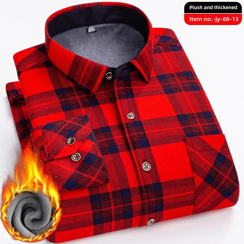 Thickened Flannel Men's Shirt Warm Plaid Winter Casual Square Collar Plus Size Clothing Fleece Lined Double Sided Velvet
