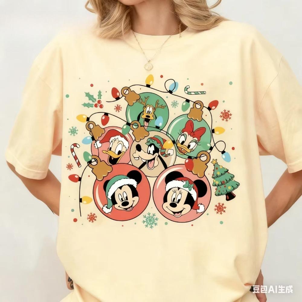 Disney 2025 Christmas Mickey Mouse Summer TShirt Casual Unisex LooseFit ShortSleeve Top Y2K Women Clothes Comfortable Cotton