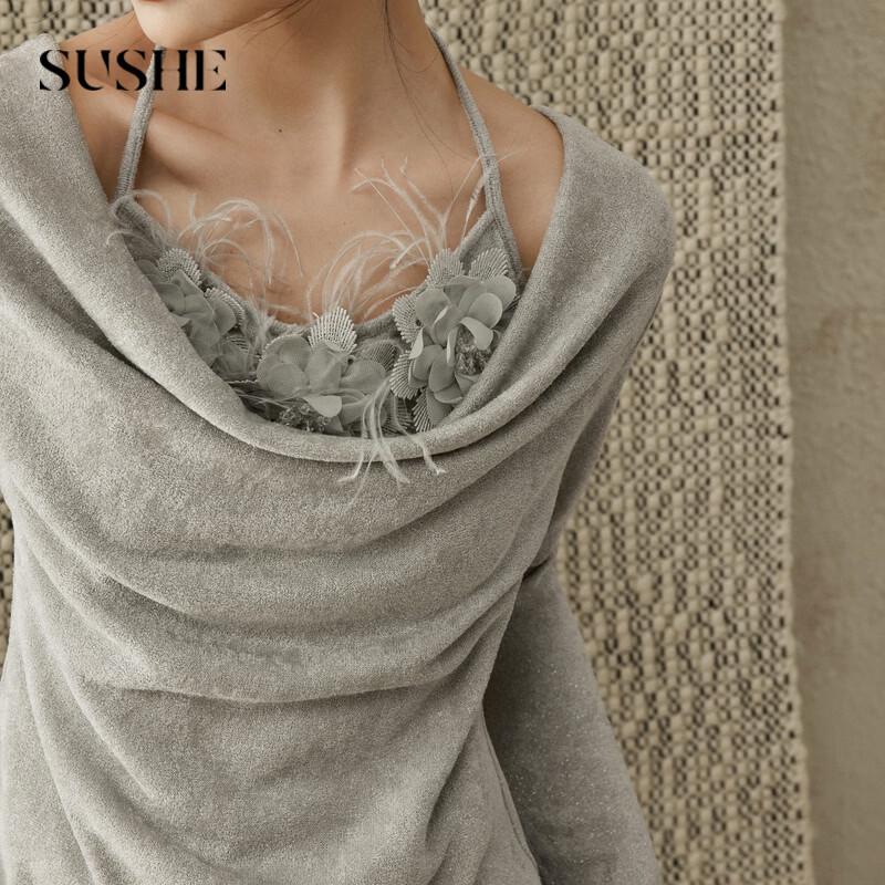SUSHE French Romantic Frost Velvet Two-Way Cowl Neck Faux Two-Piece Top L