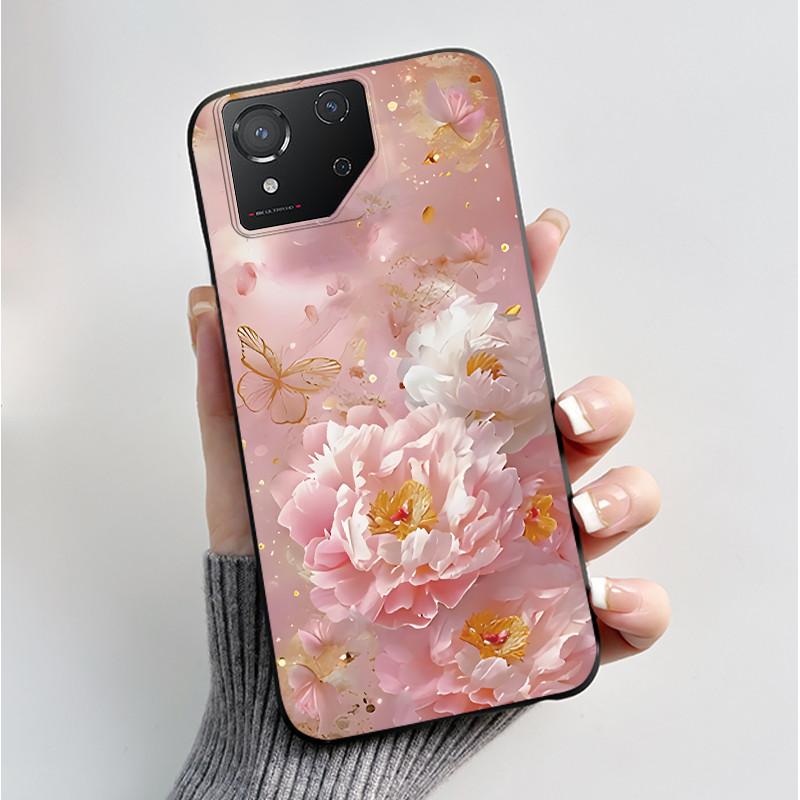For ASUS ROG Phone 8 Case For ROG Phone 8 Pro Case Capa Soft Silicone Black Shell Cover Cute Flower Cartoon Printing Phone Cases