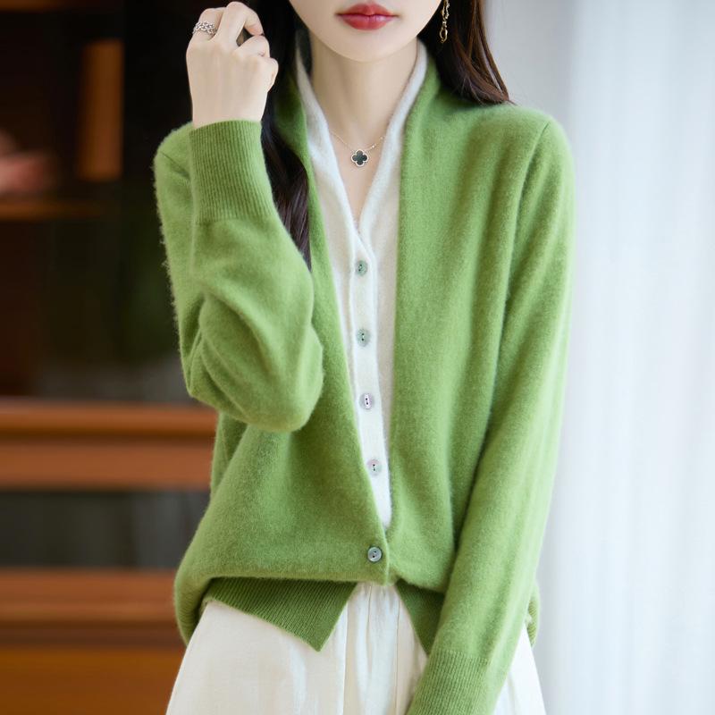 V Yaka Renk Bloklu %100 Yün Örgü Hırka - Sonbahar & Kış İki Parçalı Fransız Günlük Kazak Ceket