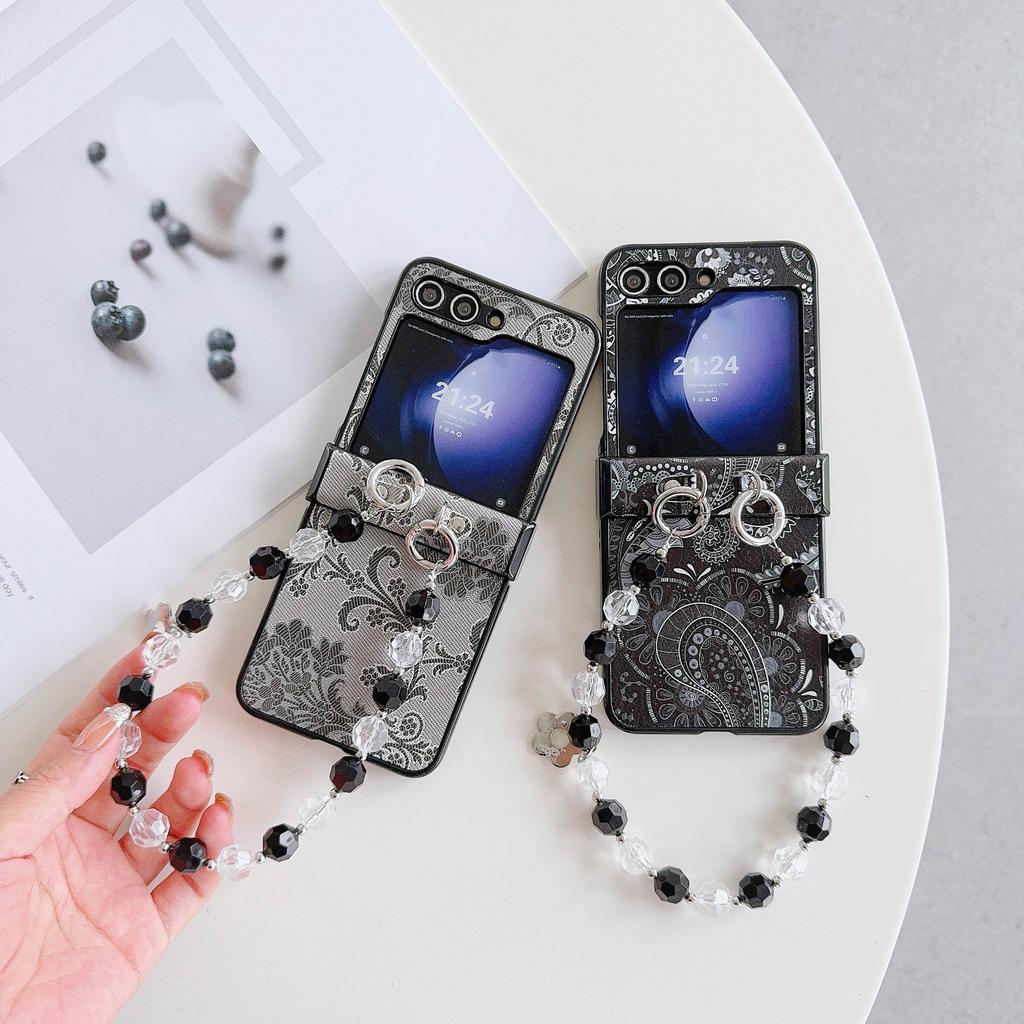 PU Leather Bead Wrist Strap Phone Case for Samsung Galaxy Z Flip 6 5 4 3 5G Hinge Protection Shockproof Cover