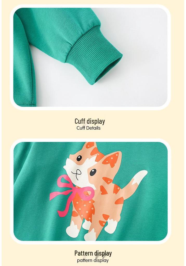 KuaJing Kids' 26th Autumn/Winter Cat Bow Print Round Neck Long Sleeve Sweatshirt