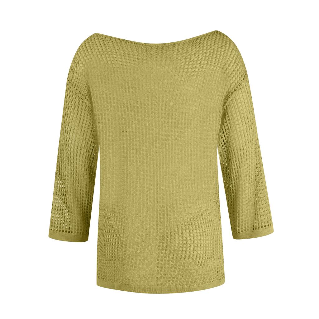 Women Hollow Out Long Sleeve Knit Cover Up Loose Fit Beach Dress Open Back Pullover for Swimwear and Bikini Layering