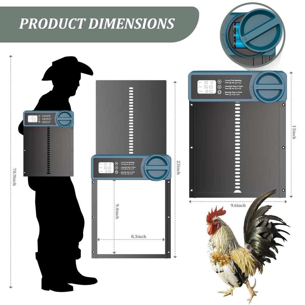 Automatic Chicken Coop Door Aluminum Chicken Door Opener Timer Controlled Open/Close Coop Door Anti-Pinch Function Chicken Coop