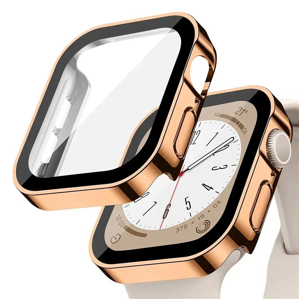 Glass+Case For Apple Watch 42 46mm 45mm 41mm 49mm 44mm 40mm Straight Edge Screen Protector Cover Case iWatch SE 6 7 8 9 10 Ultra