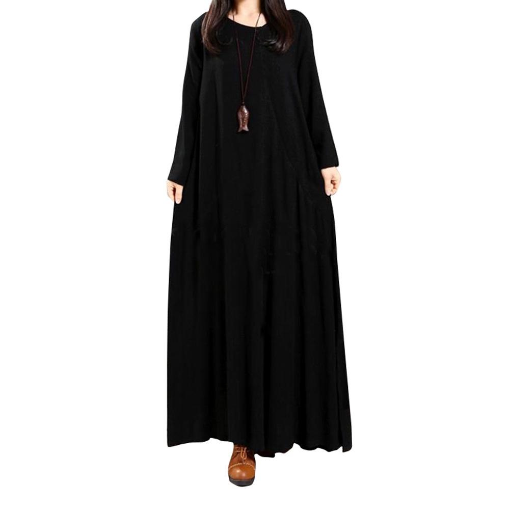 Elegant Plus Size Women Cotton Long Sleeve Vintage Kaftan Casual Maxi Dress