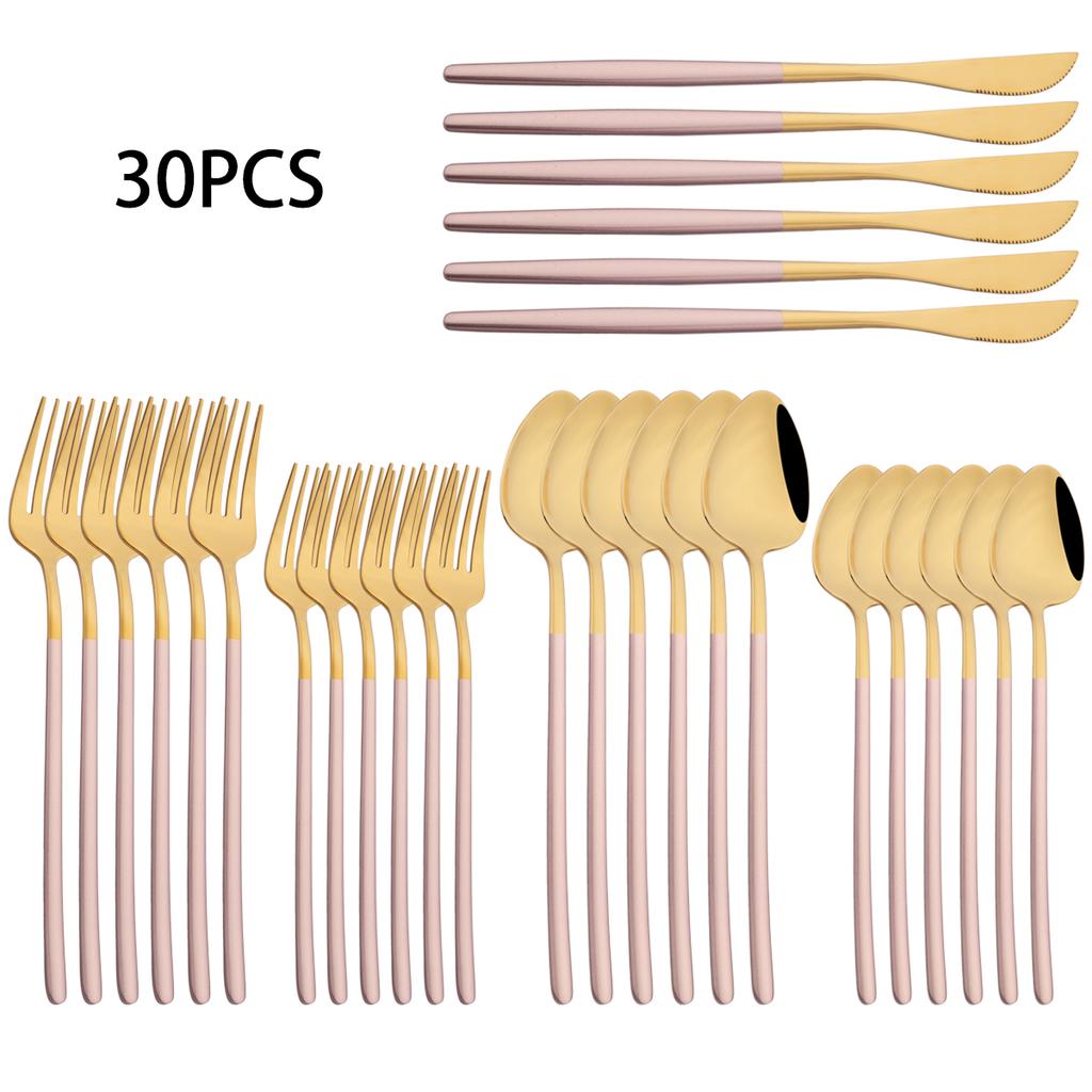 30-teiliges Weißgold Geschirrset Messer Dessertgabel Löffel Geschirr Edelstahl Besteck Spiegelbesteck Westliches Silberbesteck