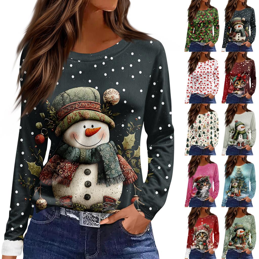 Women's Fashion Casual Slit Hem Round Neck Long Sleeve Loose Printed T-Shirt Ladies Top