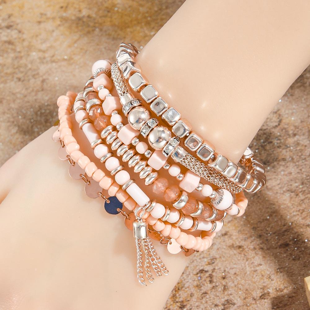 Bohemian Multi Layer Stackable Bracelet Fresh Sweet Style Handmade Beaded Pink Metal Chain Bracelet Jewelry For Women