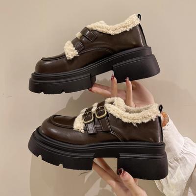 Amy und Michael Niedliche Mädchen Schuluniform Klobige Prinzessin Schuhe Damen Frauen Braun Plateau Pumps Retro Slipper Winter Warme Plüschschuhe