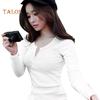 T-Mix Solid Color Women Ribbed Long Sleeve Round Neck Buttons Slim Fit T-shirt Blouse