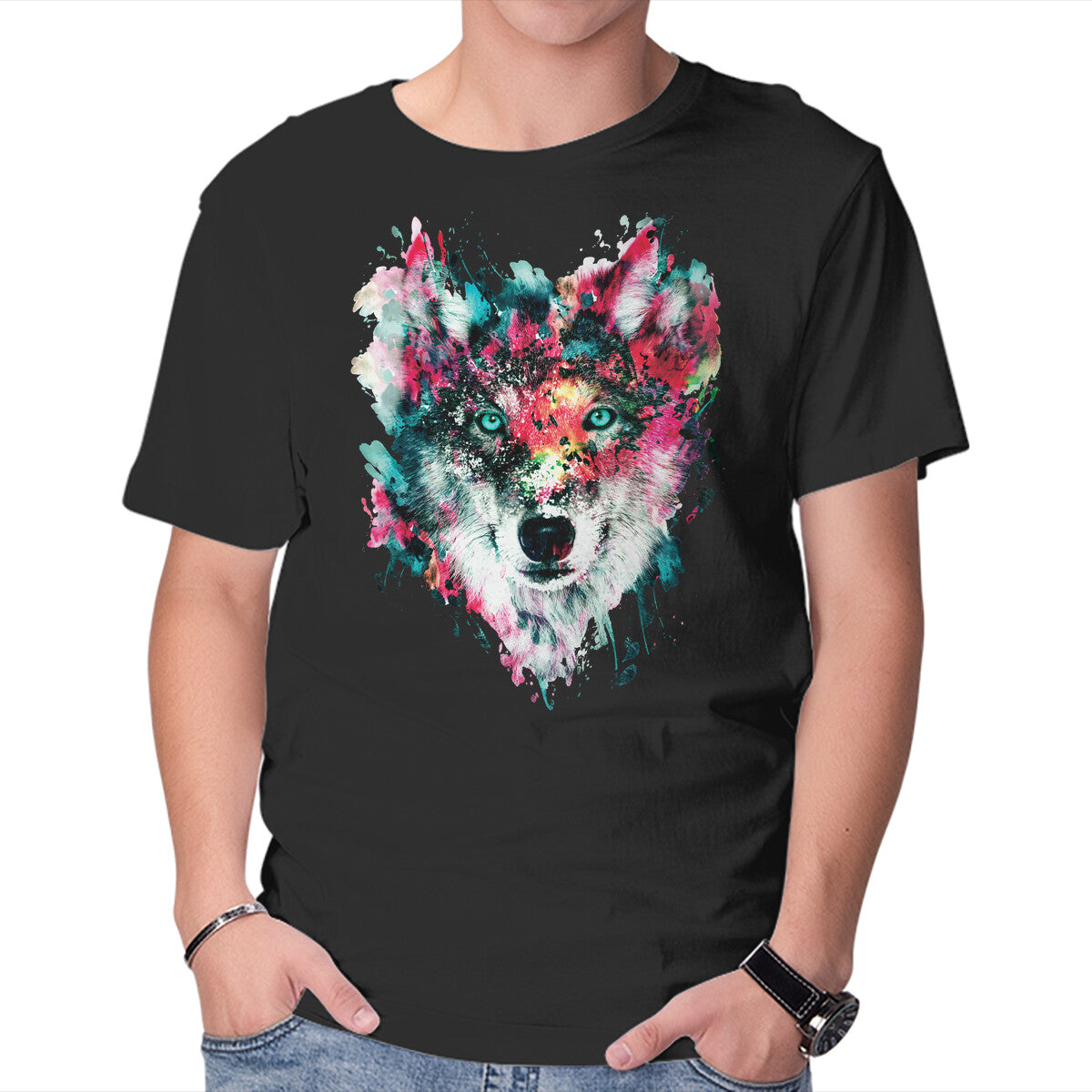 Unisex Crew Neck T-Shirt Watercolor Wolf Graphic Short Sleeve Casual Tee XS