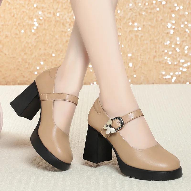 8cm Fashion Block High Heels Shoes Women Mary Janes Spring 2025 Shallow Ankle Buckle Platform Pumps for Dance Office Model Mom