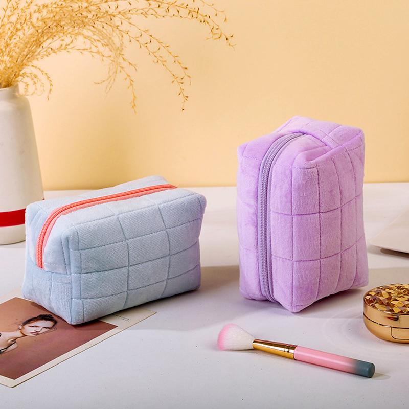 1Pc Cosmetic Travel Fleece Fabric Solid Color Wash Bag Make Up Pouch Storage Case Women's Toiletry Bag