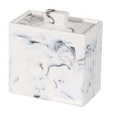 Elegant Resin Toothpick Holder With Dustproof Lid For Hotel Restaurant Tabletop Marble Pattern Cotton Swab Storage Case