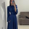 Europese en Amerikaanse Herfst Nieuwe Taille Verslankende Band Effen Kleur Lange Mouwen Lange Jurk Design Gevoel Jurk Dames