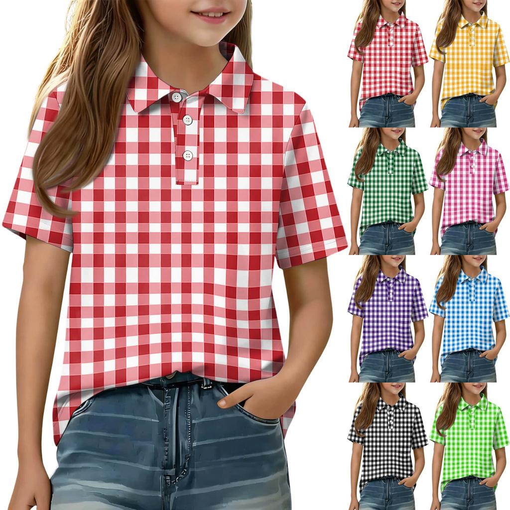 Short Sleeve Plaid Polo Shirt for Girls Classic Pattern Button Front Casual Blouse for Kids Teens