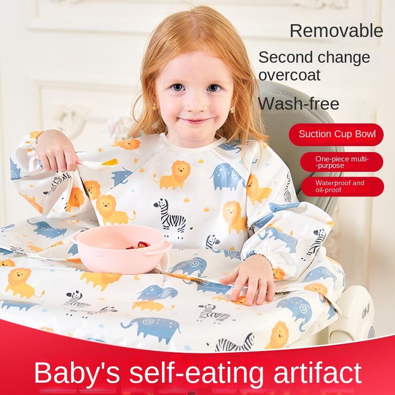 Waterproof Baby Feeding Bib Apron Smock, Full Coverage Mess-Free Bib with Table Cover for Kids 8M-5Y Boys Girls