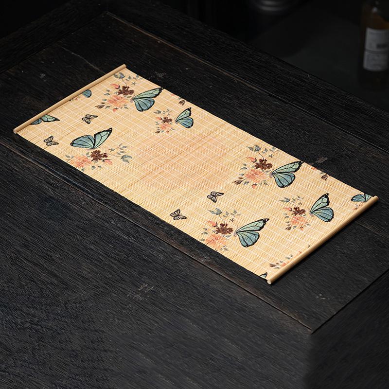 Rectangular Bamboo Woven Dining Table Decorative Heat Insulation Mat Butterfly Print High Quality Kung Fu Tea Set  Accessories