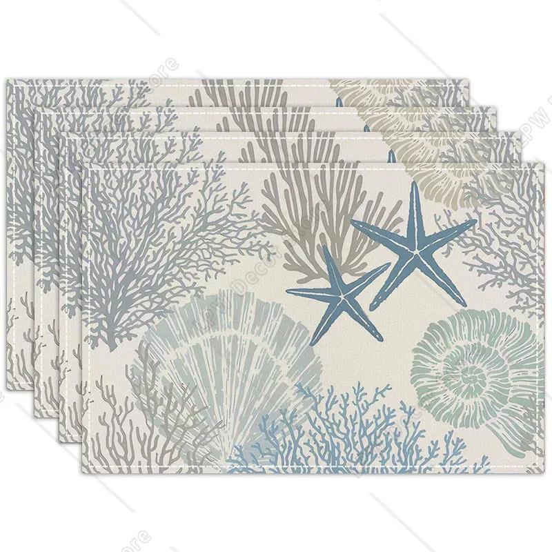 

New Linen Placemats Abstract Shell Coral Rectangular Printed Insulation Mats Home Kitchen Dining Room Decorative Table Mats 4 PCS 12x18inch