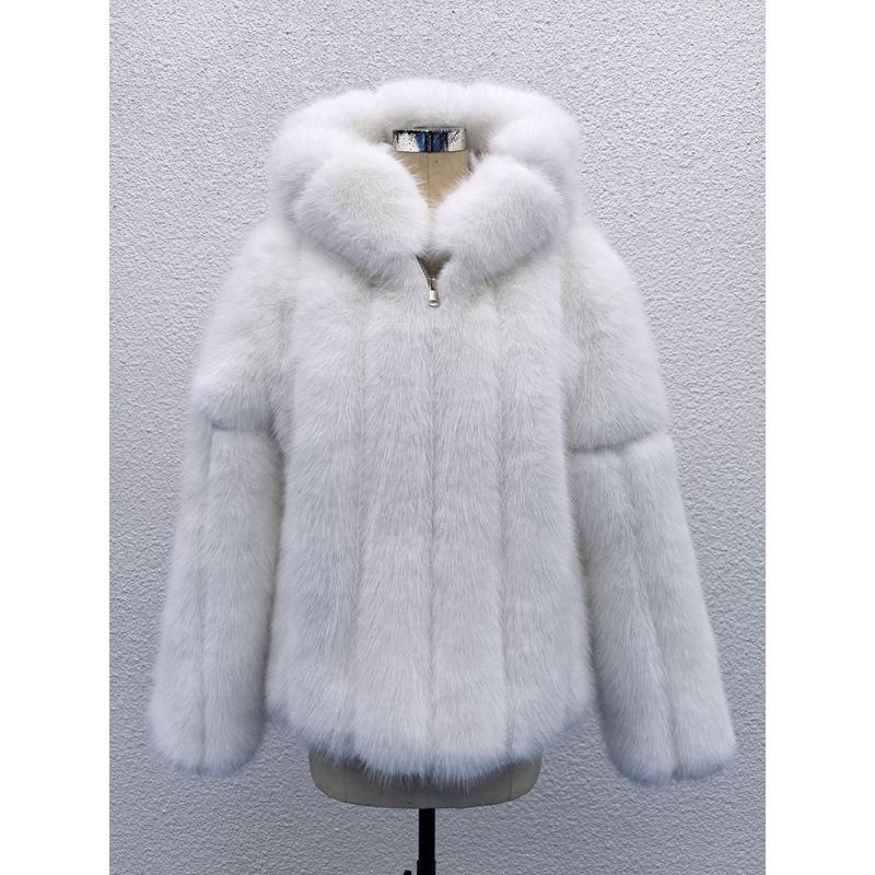

Меховая сила зимняя новая шуба женская имитация лисьего меха с капюшоном теплое пальто S