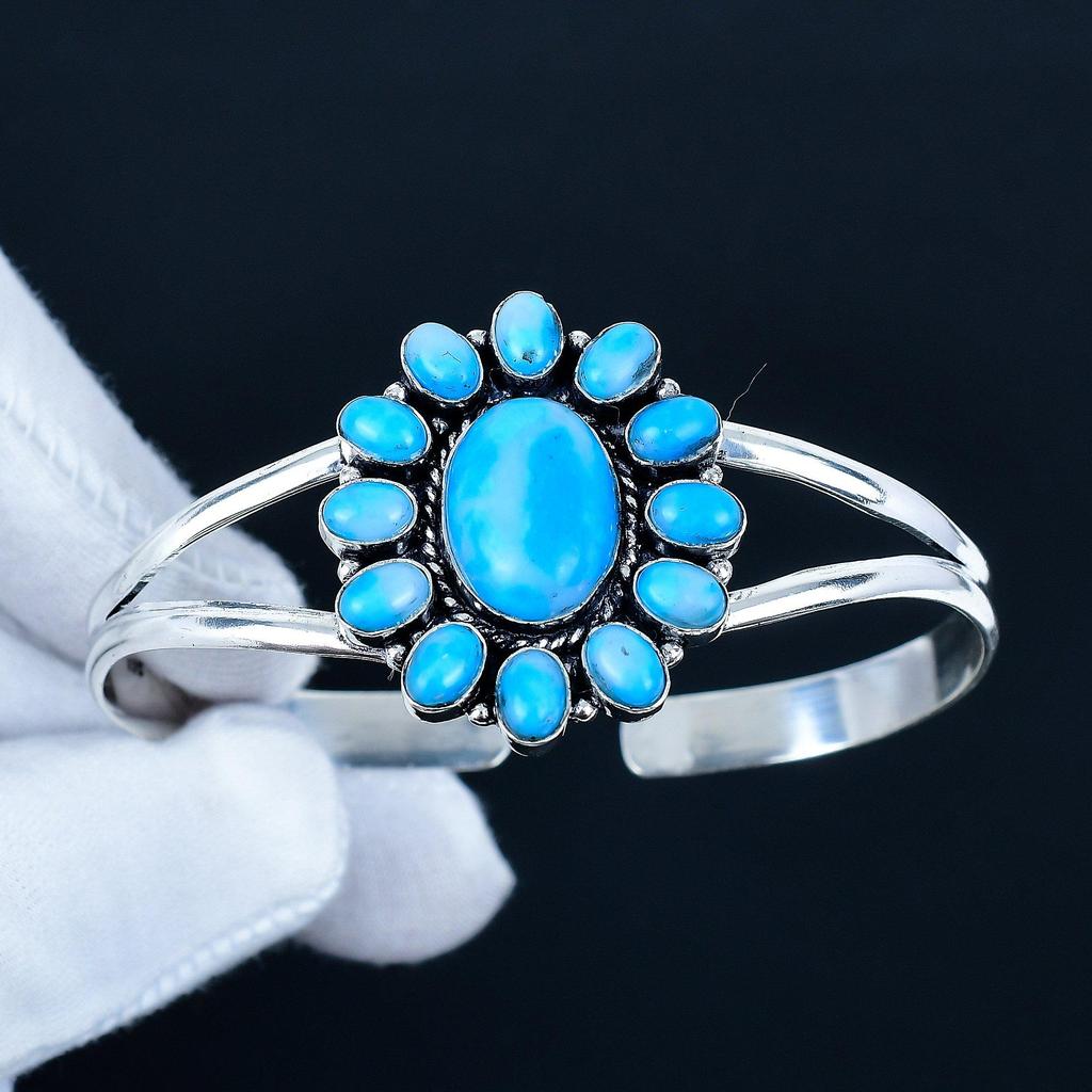 Sleeping Beauty Turquoise Gemstone Handmade Cuff Bangle 925 Sterling Silver Cuff Bangle, Turquoise Flower Shape Bracelet For Wife, Unisex Bangle
