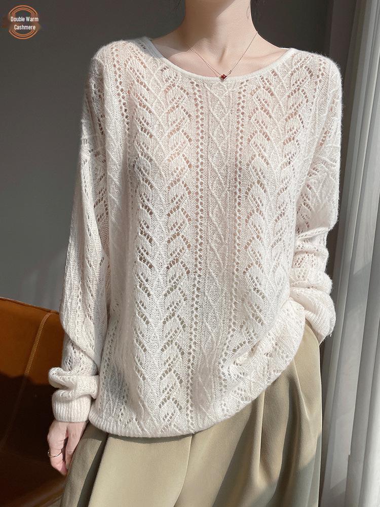 Women's Hollow-Out Cashmere & Silk Sweater - Loose, Sun-Protection Knit Cardigan