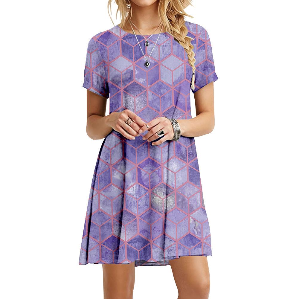 S-6XL Übergröße Mode Damen 3D Geometrischer Druck Kleid Lässig Rundhals Kurzarm Kleid Sommer Locker Mini Kurzes Kleid