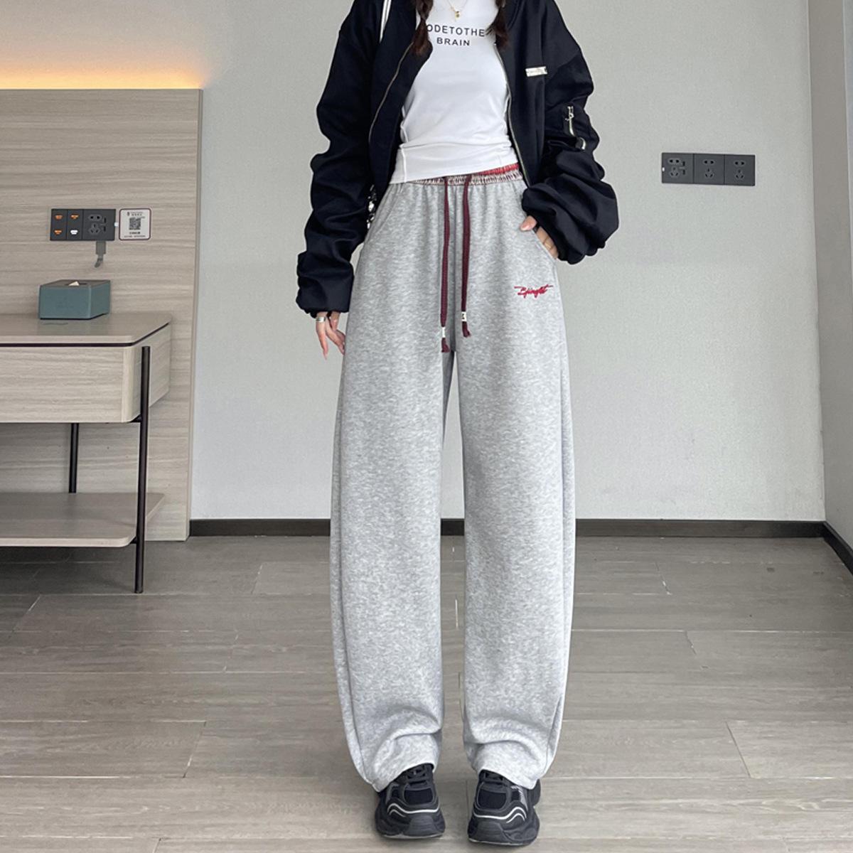 

Korean Retro Embroidered Cotton High-Waist Wide-Leg Sweatpants for Women S [80-100 kg]