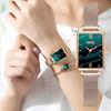Montres à Quartz pour femmes, ensemble de bracelets, cadran vert, maille Simple en or Rose, luxe