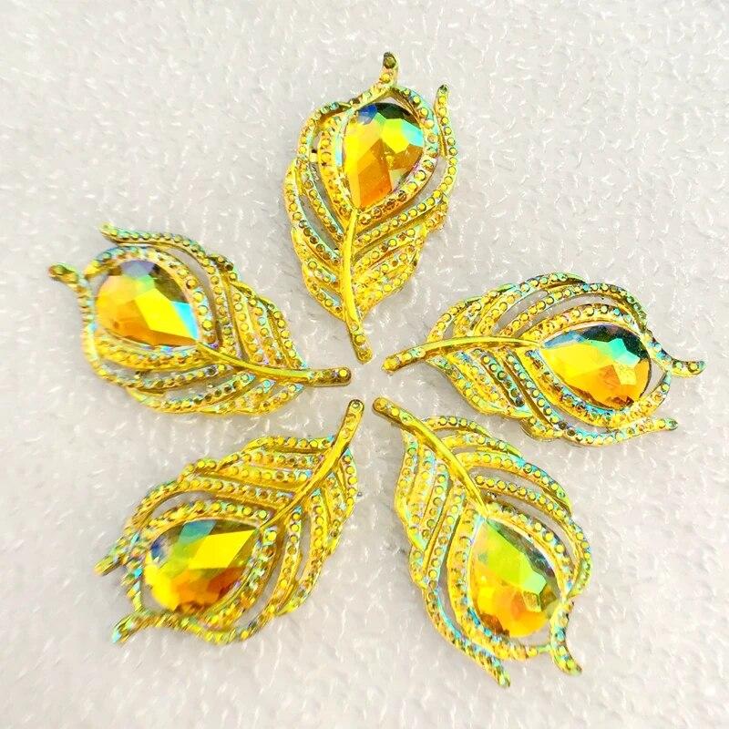 Helt ny 10 st snygga kristall rhindiamonds platt baksida blad scrapbook 20*38mm handsydda fjäder ädelstenar