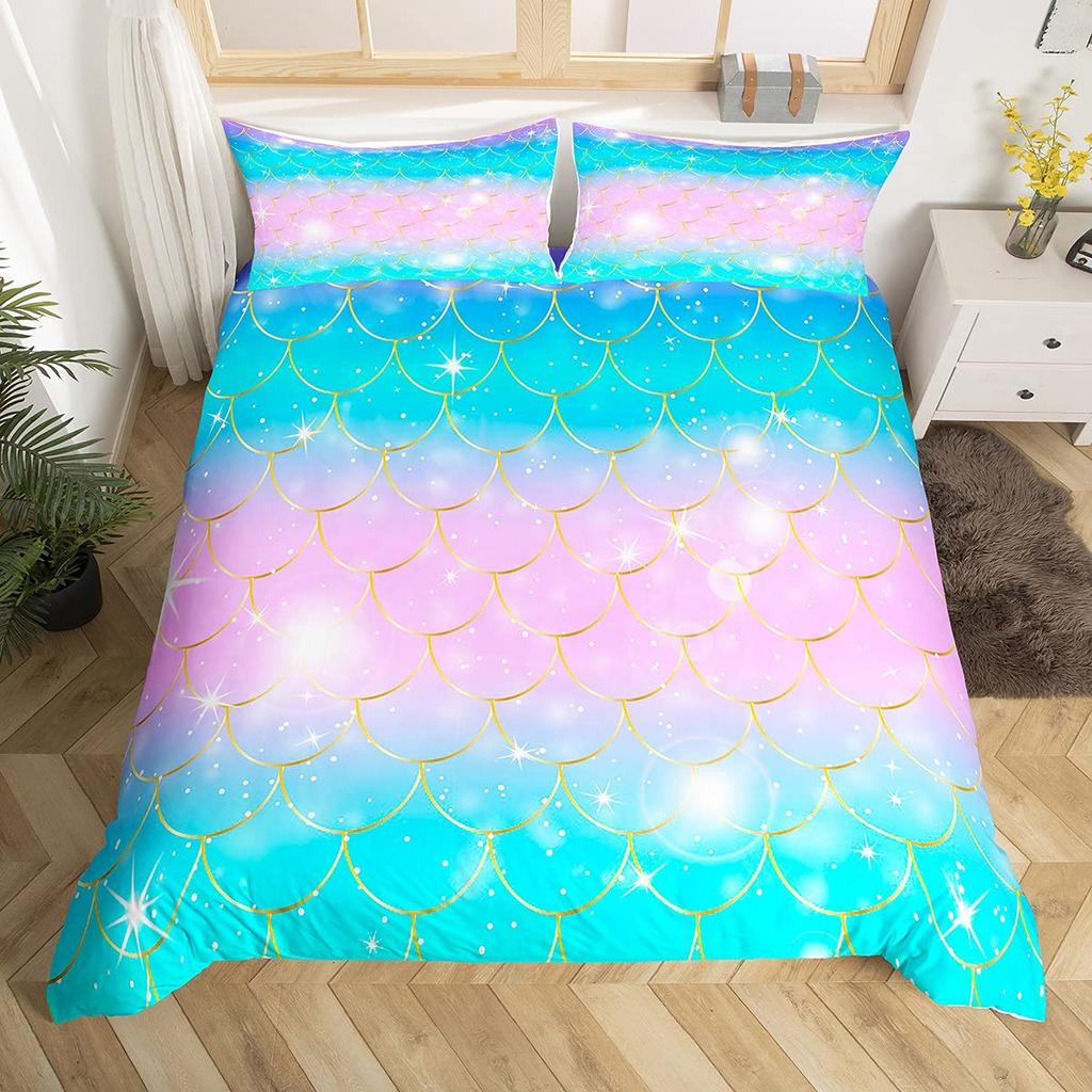 Fish Scales Duvet Cover Set Pink Fish Scales Pattern Colorful Twin Bedding Sets For Girls Women Microfiber 2/3Pieces Quilt Cover