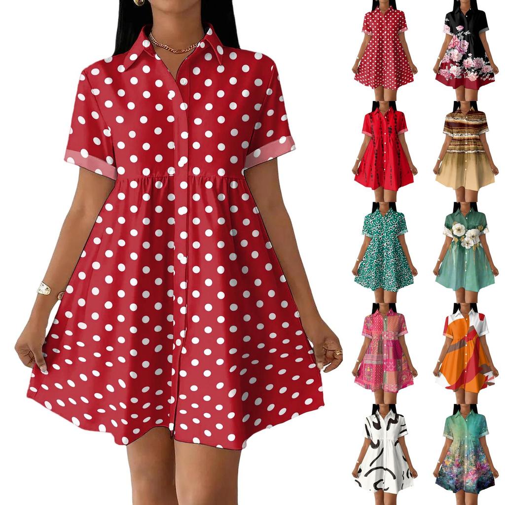 Damen Lässiges Lockeres Hemdblusenkleid mit Knopfleiste Kragen und Abstraktem Druck Kurze Ärmel Entspannte Tunika Kleider