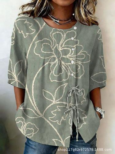 European and American summer new women's tops, shirts, geometric printing buttons, drawstrings, half-sleeved tops, T-shirts, women's clothing