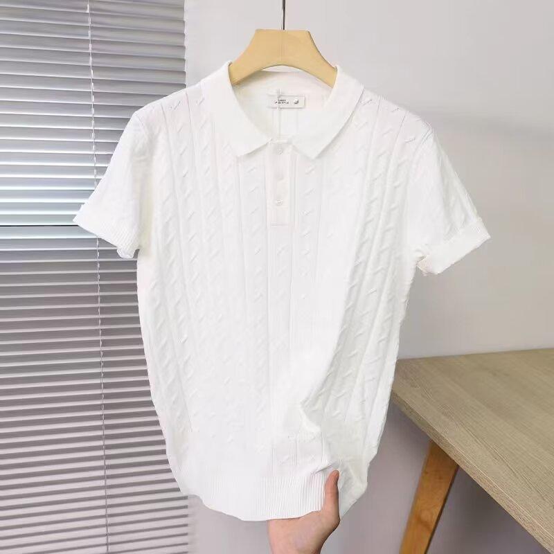 Herren High-End Leichter Luxus Jacquard Strick Kurzarm Poloshirt Herren Einfarbig Eis Seide Revers Halbarm T-Shirt