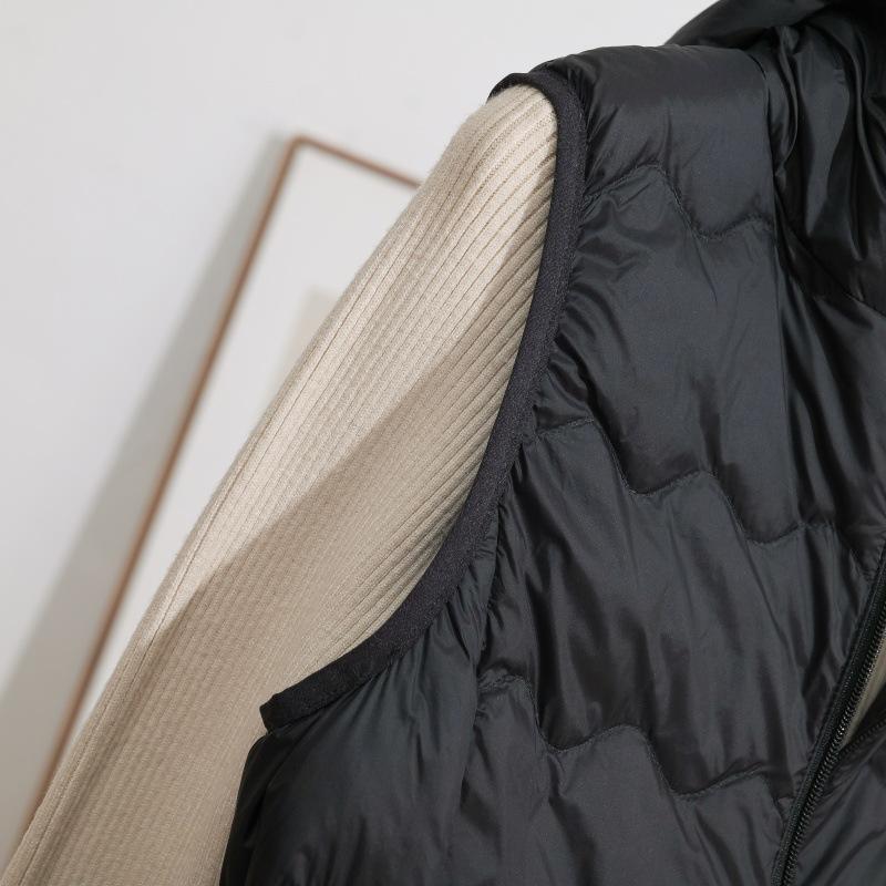 2025 Automne/Hiver Grande Taille Léger Long Au-Dessus du Genou Veste Sans Manches à Capuche en Duvet de Canard Blanc avec Motif Ondulé