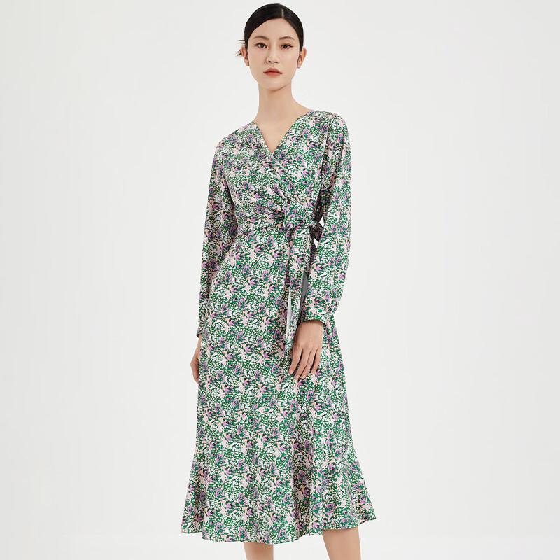 

Iveni 2025 Autumn Fashion V-Neck Long-Sleeve Ruffle Hem Midi Dress M