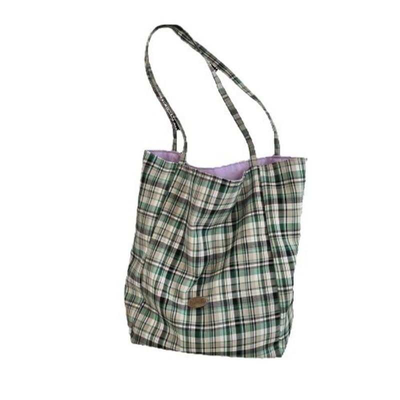 New Large-capacity Simple Shoulder Plaid Bag, Light Commuter Canvas Bag, Double-sided Dual-purpose Tote Bag