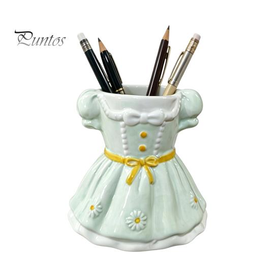 Multipurpose Storage Box Bow Dress Pencil Cup, Ceramic Desk Organizer, Cute Makeup Toothbrush Holder Brush for Girls Room, Office Gift Women Pen