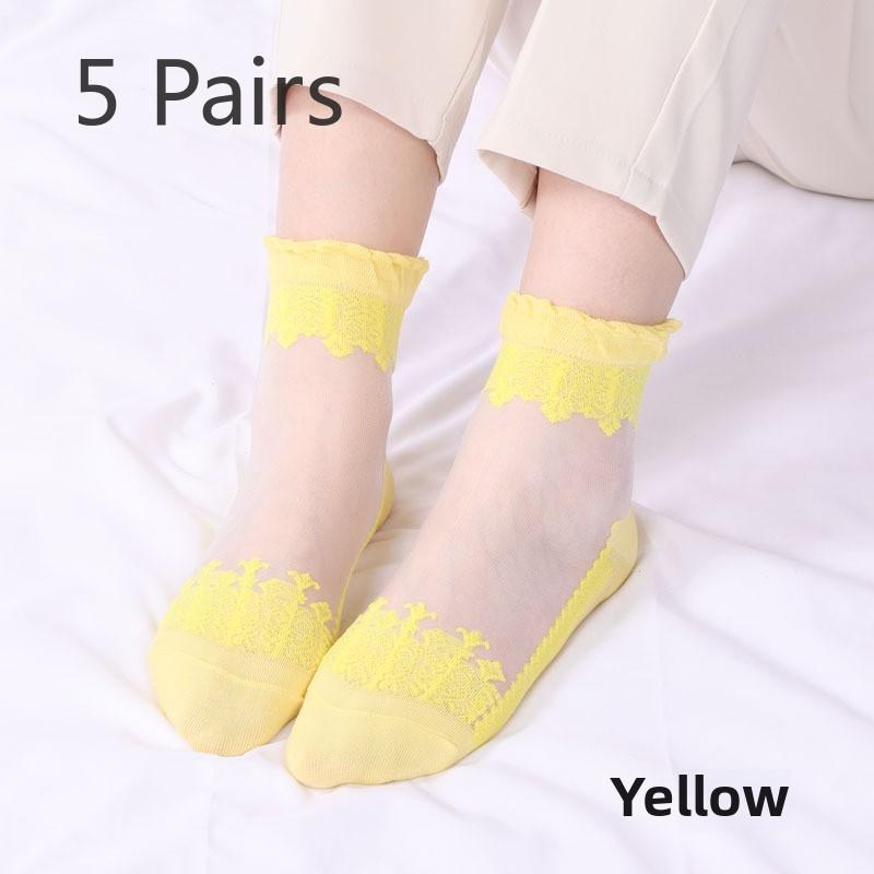 5 Pairs of Women's Spring Thin Mid Cylinder Cotton Sole Lace Lace Socks