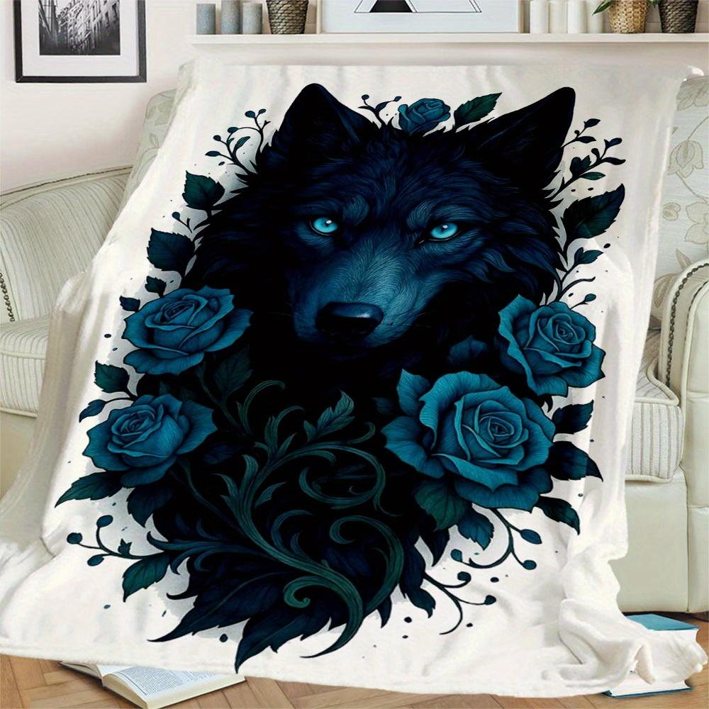 1Pc Wolf Roses Print Flannel Blanket, High Quality Digital Printing, Comfortable for All Seasons, Home DecorGifts821007