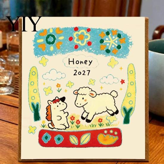 Warm Color Aesthetic Calendar 2027 Sheep Doodle Desk Calendar, Cute Animal Illustration Monthly Record Keeping Book Planner with Vintage Paper,