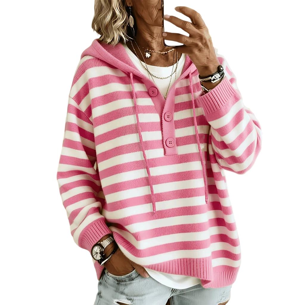 Women's Casual Stripe Hooded Knit Pullover Sweater for Everyday Wear