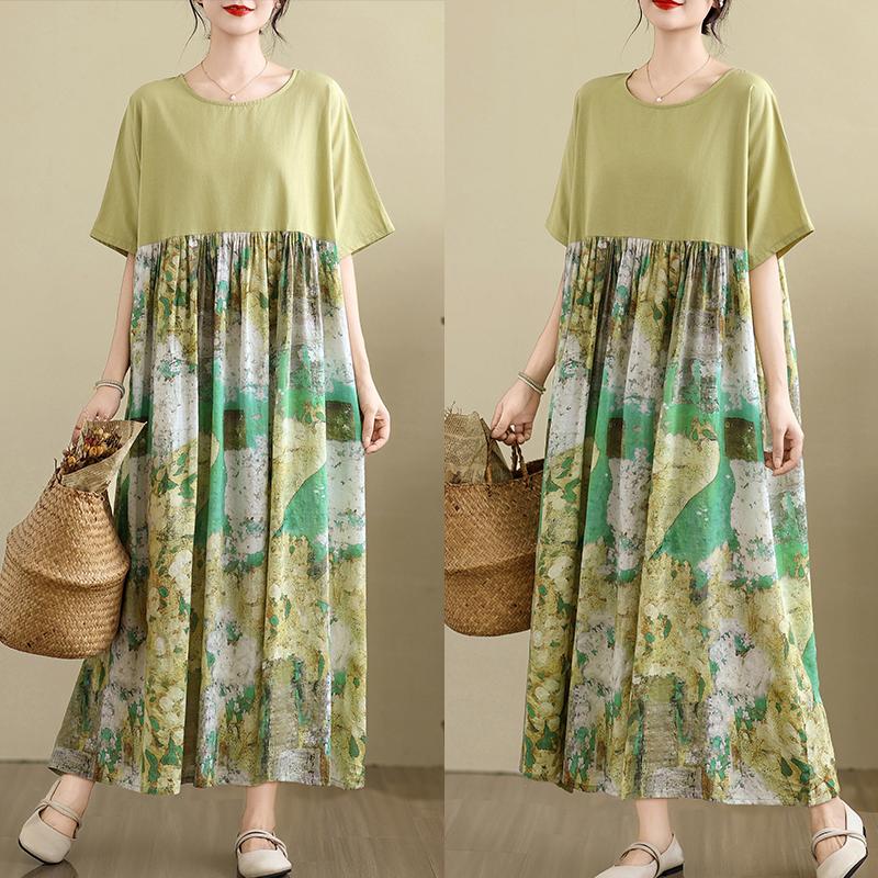 DIMANAF 2025 Women Plus Size Vintage Summer Dress Short Sleeve Casual Basic New Dress Loose Long Dress