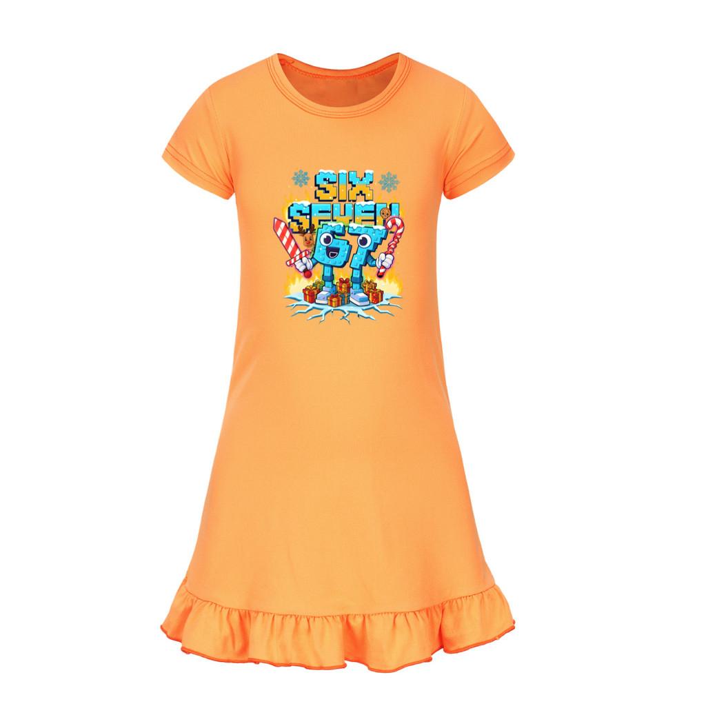 5193 Bambina Ragazza Rubare un Cervello Marcio 67 Sei Sette Stampato Volant Maniche Corte Vestito Casual