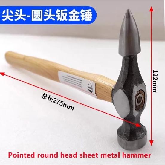 Three Kinds of Hammers with Solid Wood Handle, Flat Hammer with Concave Sheet Metal Leveling Hammer, Pointed Nose, Round Head An