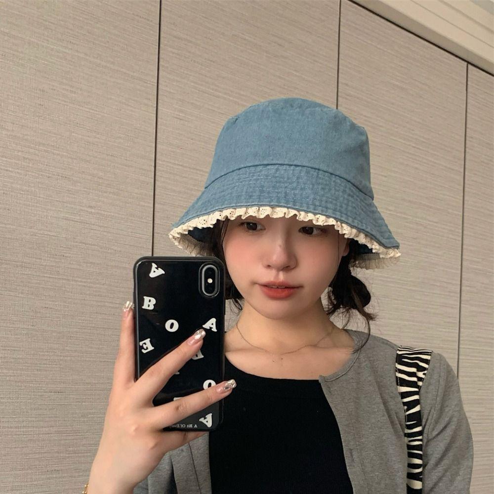 Big Brimmed Lace Fisherman Hat Y2K Panama Hat Fashion Denim Bucket Hat  Lady